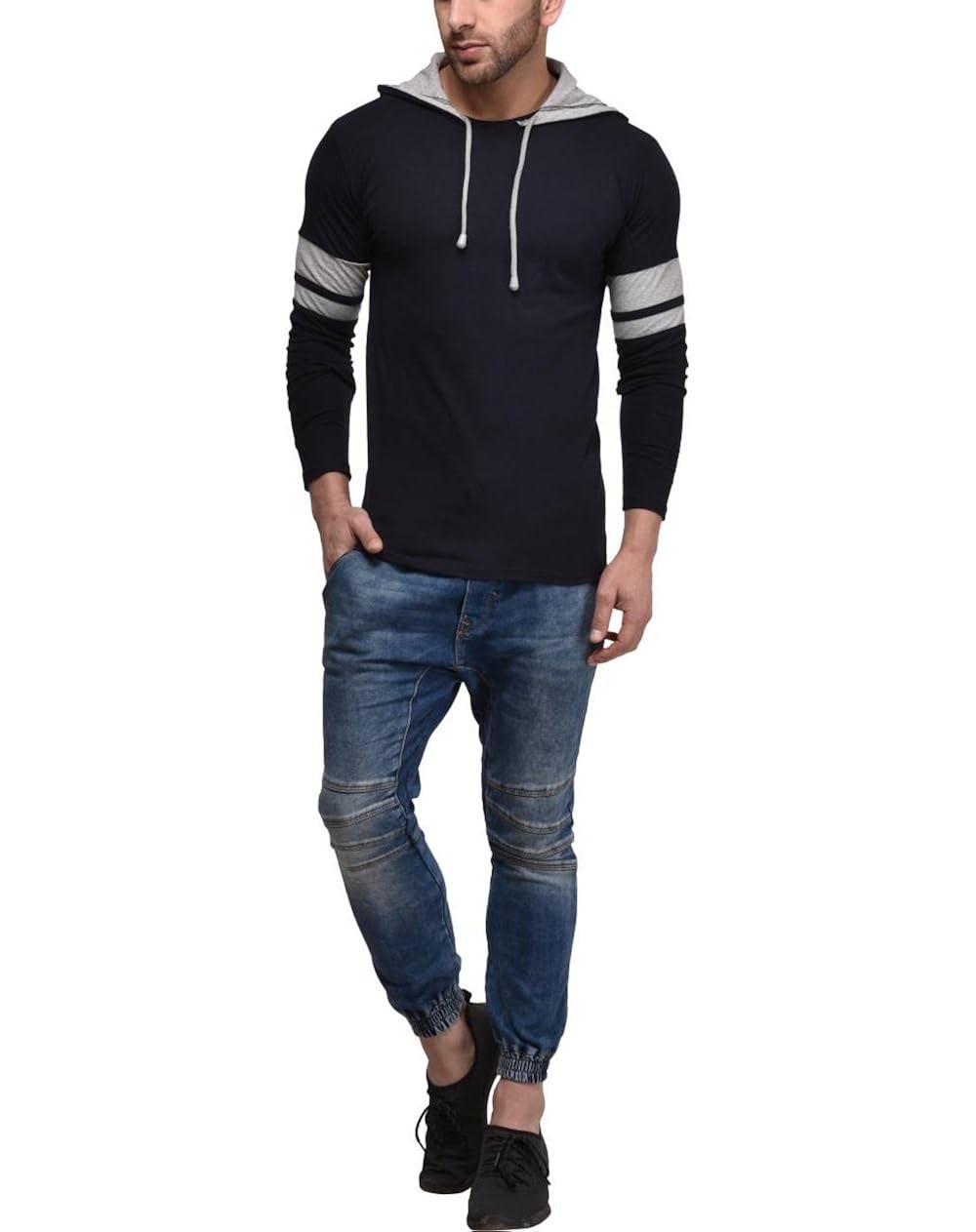 cenizas men's hooded full sleeves dual tone round neck casual tshirt