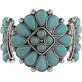 Turquoise Flower Stretch Bangle Bracelet for Women Wide Vintage Antique Silver Boho Western Natural Stone Engraved Wrap Cluster Statement Cuff Bracelets Bohemian Retro Ethnic Summer Beach Jewelry Gifts