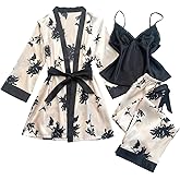Milumia Women's 3 Piece Satin Pajama Set Floral Lace Trim Cami Sleepwear with Robes