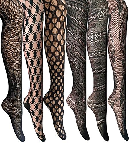 Kingspearl Fishnet Stockings 6 Pairs Patterned Tights Lace Black Pantyhose for Women High Elasticity(L/XL)