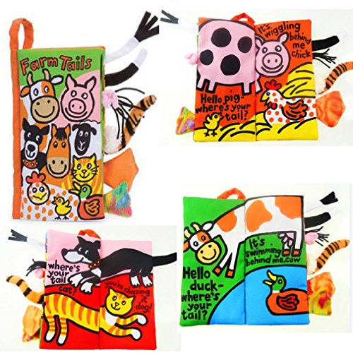 Kemilove Set of 4 Animal Tails Cloth book Baby Toy Cloth Development Books for 3~12 Month, Jungle Tails, Pets Tails, Kitty Tails,Farm Tails
