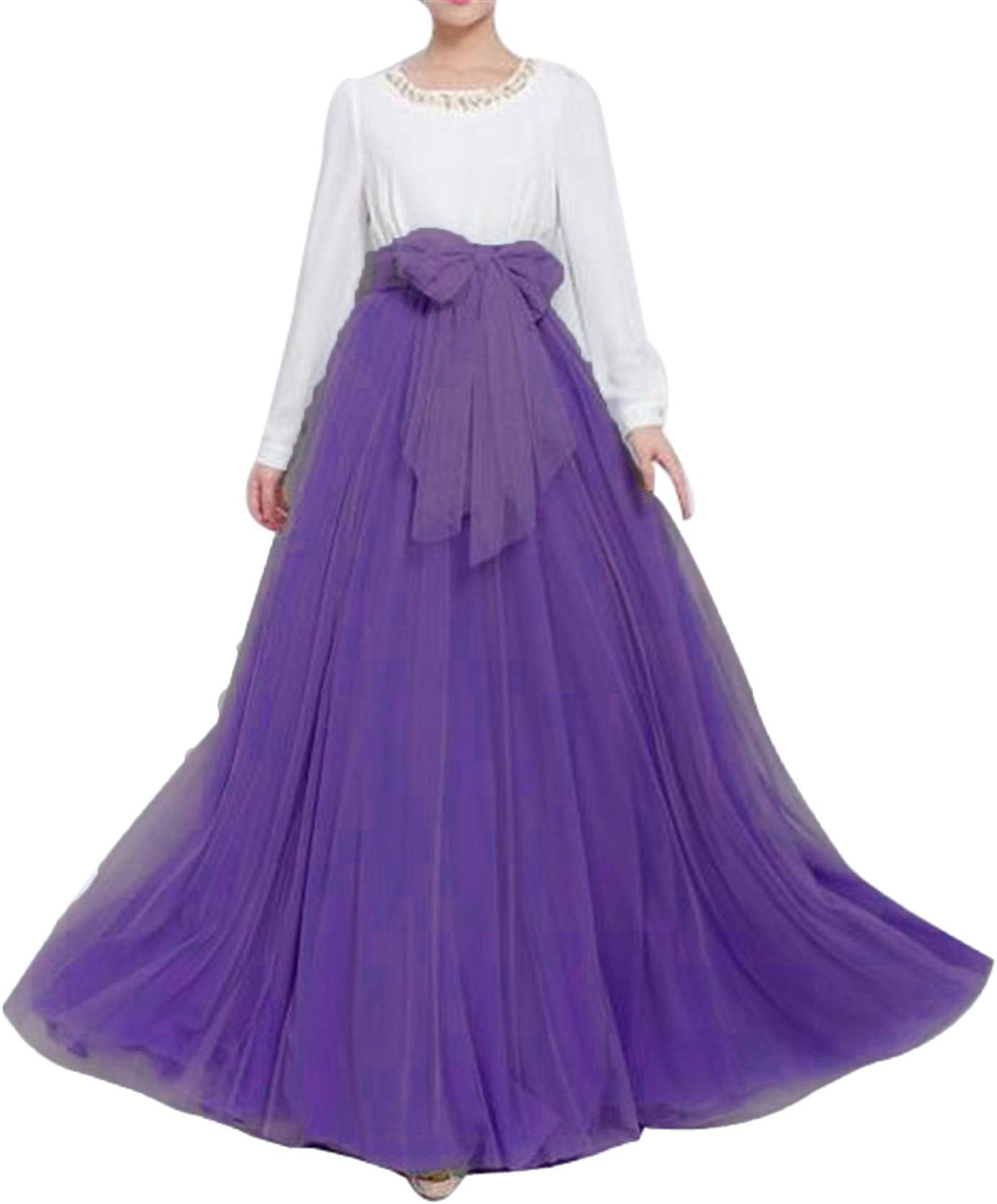 YULUOSHAWomen Wedding Long Maxi Puffy Tulle Skirt Floor Length A Line with Bowknot Belt High Waisted for Wedding Party Evening