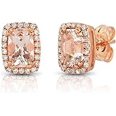 KOKAV 14K Rose Gold Genuine Morganite 1Ct Cushion, Diamond Earrings