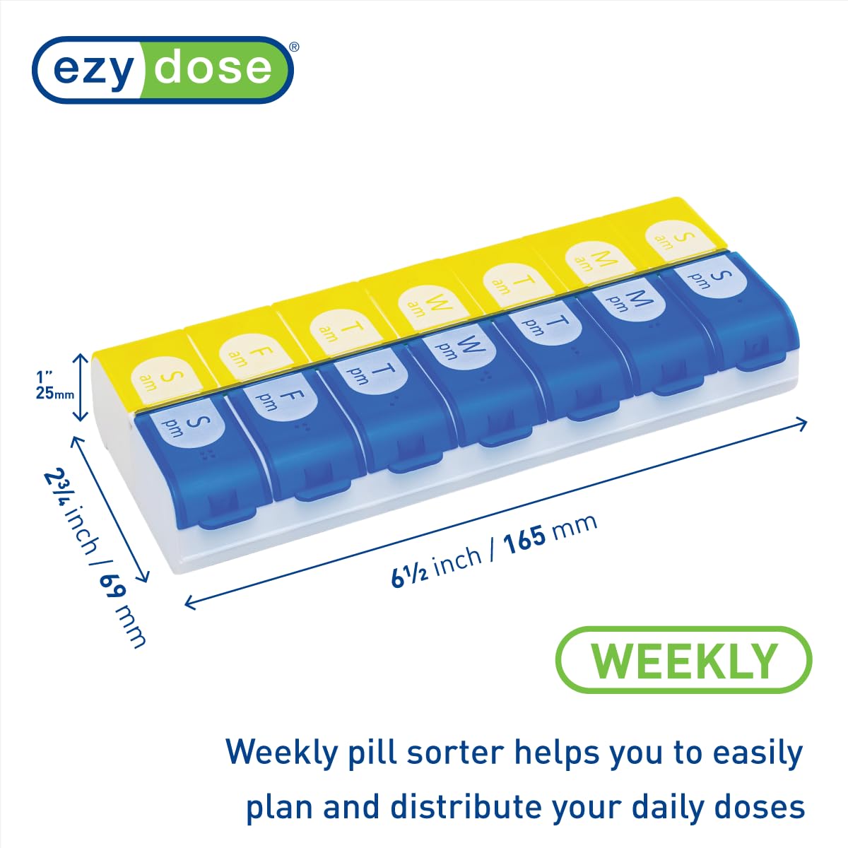 EZY DOSE Easy Fill (7-Day) Pill, Medicine, Vitamin Organizer Box | Weekly, 2 Times a Day, AM PM | Large Compartments | Colored Lids, 1 Count