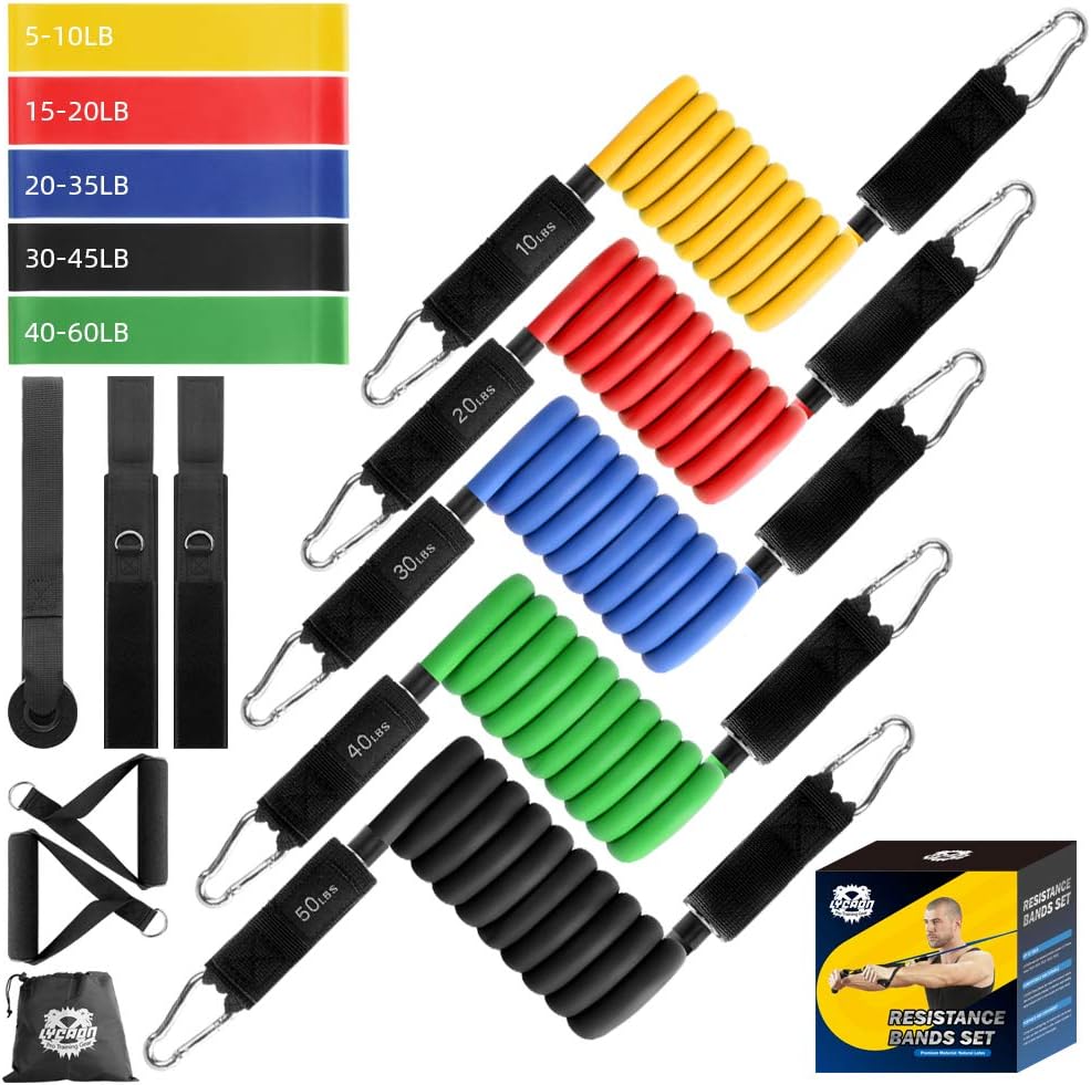 LYCAON Exercise Resistance Bands Set 16 PCS, Up to 150 lb Fitness Bands Set With Fitness Tubes, Assist Bands, Handles, Ankle Straps, Door Anchor, Storage Bag, Workout Guides for Men Women(16Pcs)