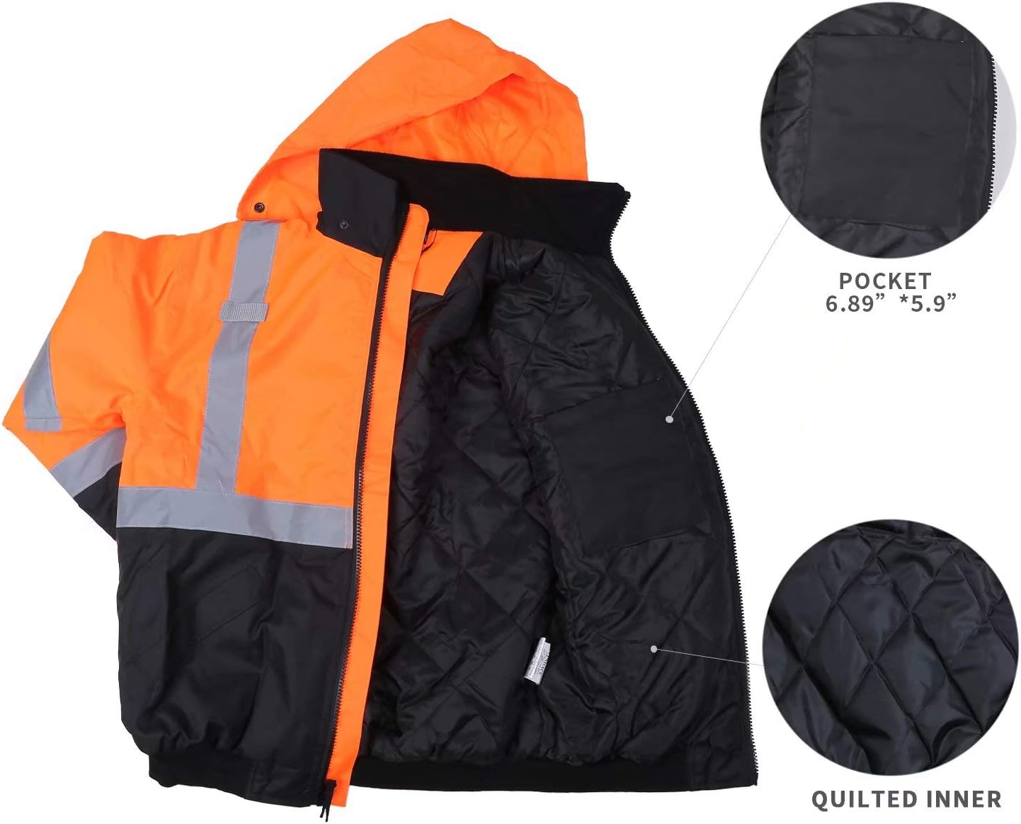 Men's ANSI Class 3 Hi Vis Safety Bomber Jacket Concealed Hood Waterproof Full Zip Padding Work Jacket Black Bottom(3XL, Orange): Home Improvement
