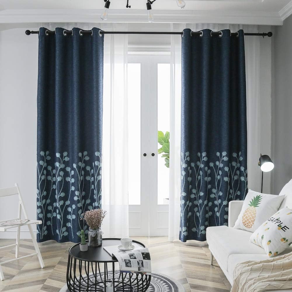 TINYSUN Reeds Flower Embroidered Faux Linen Textured Curtain for Bedroom,Elegant Countryside Designed Window Blackout Curtains for Living Room (1 Panel) (Blue/Plant, W52xL84)