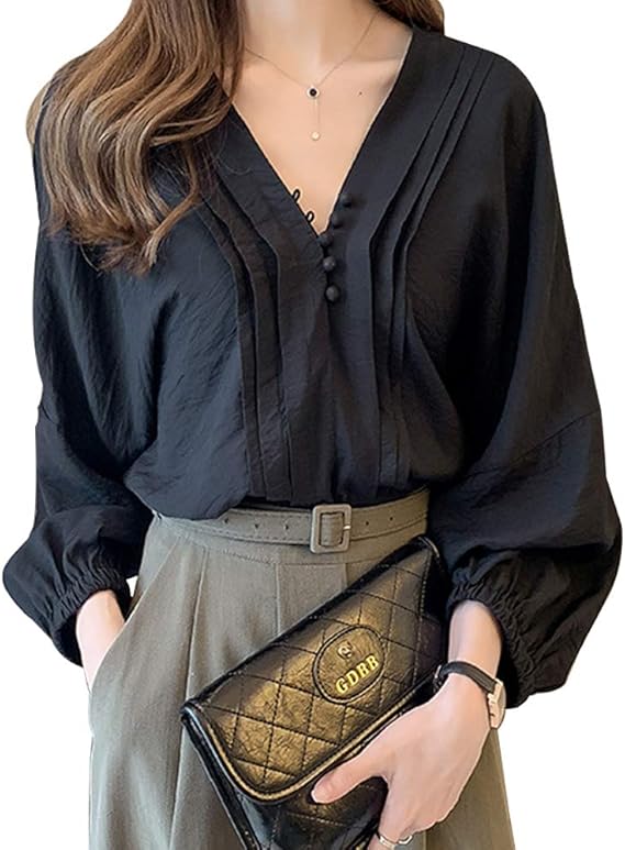 Amazon シャツ ブラウス レディース 長袖 Vネック 可愛い きれいめ おしゃれ お洒落 大人 オフィス 通勤 Ol 通学 カジュアル レディース 長袖 シャツ トップス春夏秋 シャツ ブラウス 通販