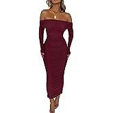PRETTYGARDEN Women's Fall Off The Shoulder Maxi Dress Spring Long Sleeve Ruched Fitted Bodycon Club Dresses with Slit