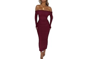 PRETTYGARDEN Women's Fall Off The Shoulder Maxi Dress Spring Long Sleeve Ruched Fitted Bodycon Club Dresses with Slit