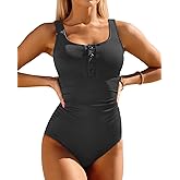 Daci Women Ribbed One Piece Swimsuits Tummy Control Full Coverage Bathing Suit Cute Button Up Ruched Modest Swimwear