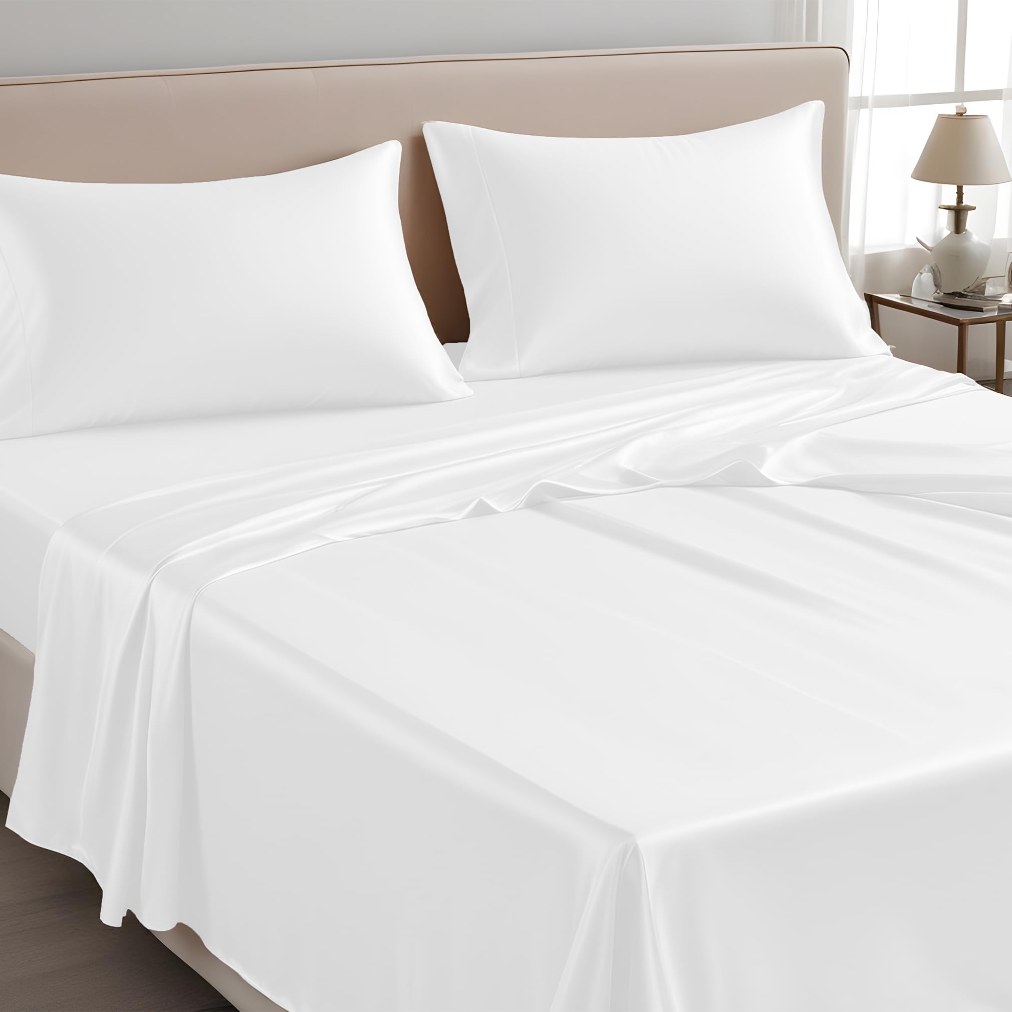LINENWALAS King Flat Sheet Only, 100% Tencel Soft Silk Cooling Top Sheet Lyocell Bedding Perfect for Hair and Skin 275×275 CM (White, King)