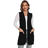 Moss Rose Long Vest for Women Sleeveless Cardigans Ribbed Knit Outwear with Belt and Pockets