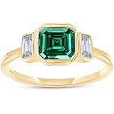 AFFY Solitaire Engagement Ring, 6X6MM Asscher Shape Zambian Emerald Lab Grown Gemstone & Created Moissanite Wedding Rings for Her In 14K Gold Over Sterling Silver (1.10 Cttw)
