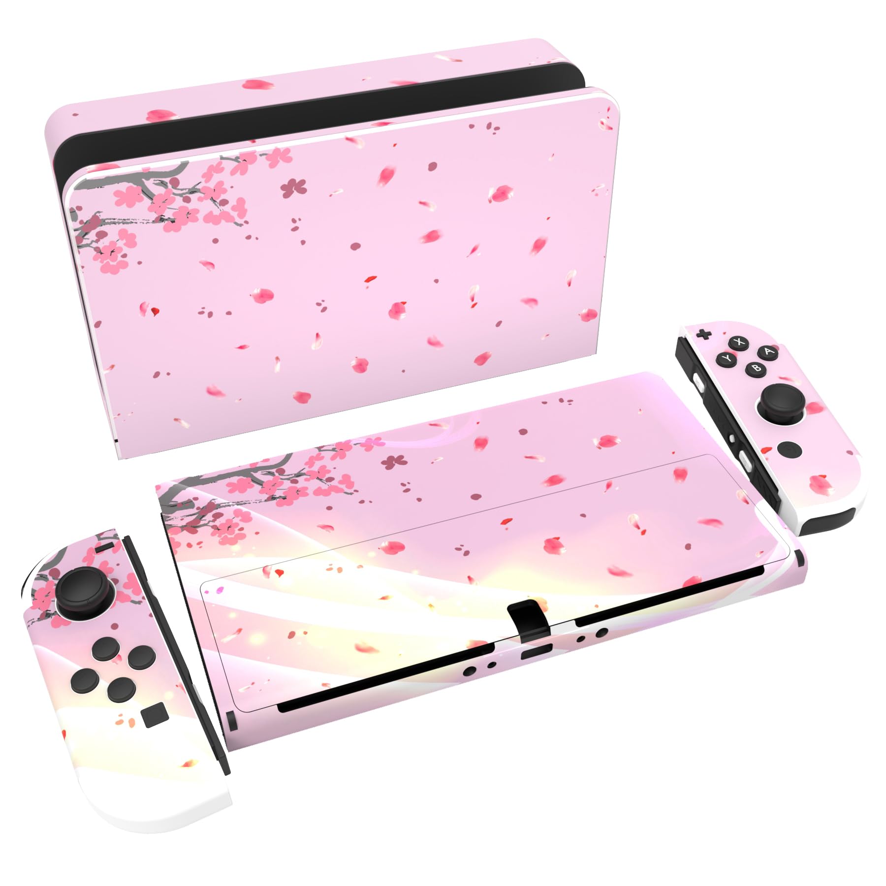 PlayVital Skin Sticker for Nintendo Switch OLED Model, Sticker Decal Film Decal Faceplates Adhesive Film for Switch OLED Console & Joy Con & Dock & Grip (Pink Cherry Blossom)