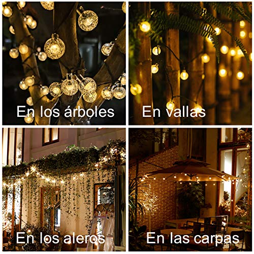 bedee Luces de Cuerda Solar 50 LED 7 Metros Luces solares de Patio con 8 Modos, Luces de Cuerda de Bola de Cristal Impermeable IP65 para Patio, Fiesta, Boda, decoración de Navidad (Blanco cálido)