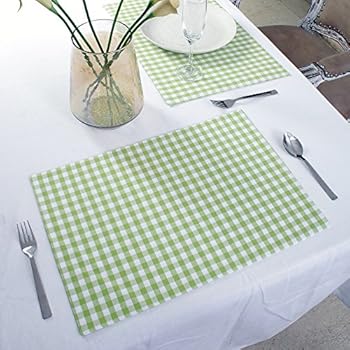 Cotton Placemats, Set Of 4, Double Sided Placemats (13 x 19 Inches), Green & White Check - Perfect For Spring, Summer, Holidays - Christmas And For Everyday Use