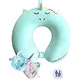 urnexttour Neck Travel Pillow for Kids, Unicorn Airplane Memory Foam Pillow with Cute Sleep Mask & Earplugs, Lightweight Travelling Sleeping Pillow Set for Car, Train, Bus and Home Use (Blue)