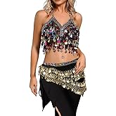 Women's 2 Pcs Belly Dance Costume Set Belly Dance Sequin Halter Bra Top and Coins Hip Scarf Wrap Belt
