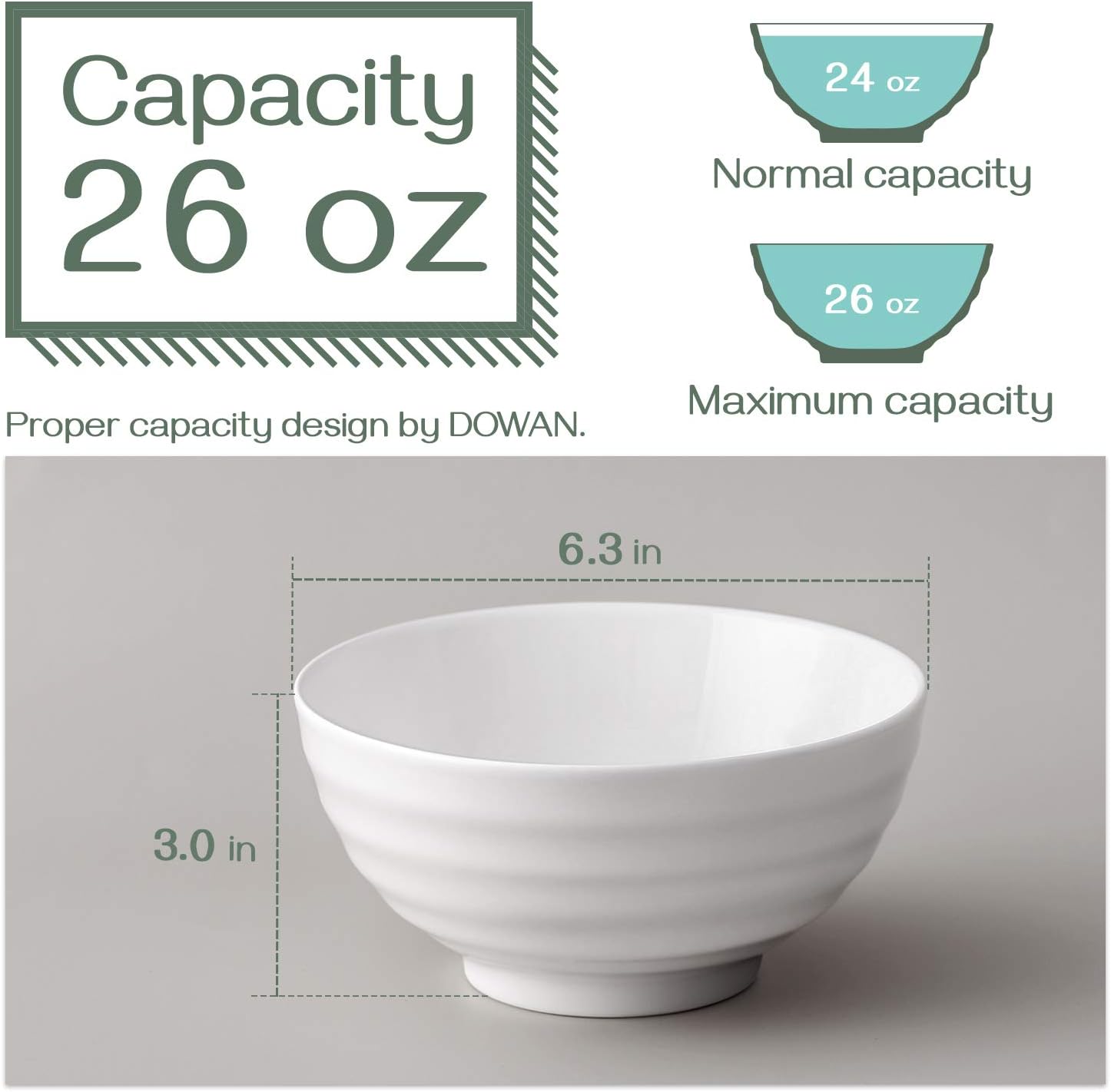  | DOWAN 26 Ounces Porcelain Soup Bowls, Cereal Bowls with Non Slip Ripples, 4 Pack, Stackable Round, Dishwasher & Microwave Safe, Easy to Clean Ceramic, White: Soup Bowls