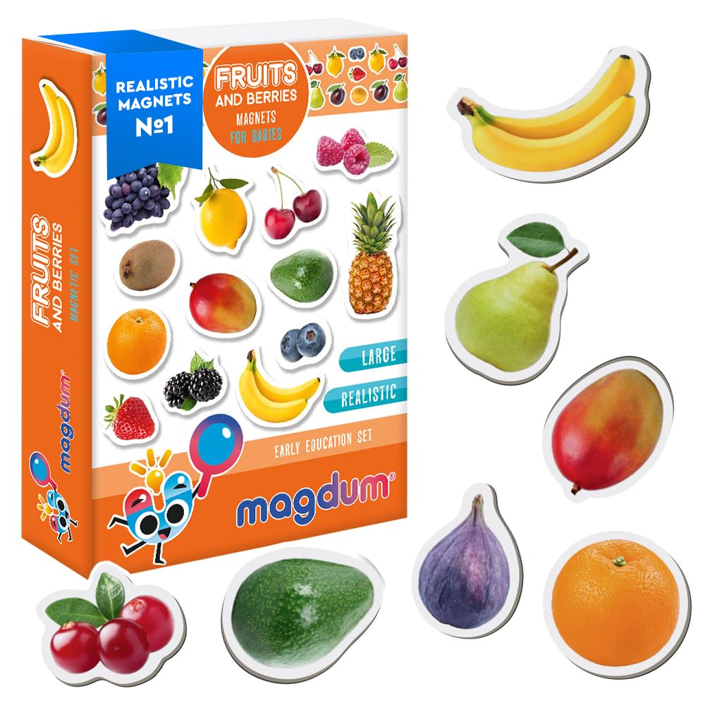 Fruit Magnets for Kids - Magdum - 25 Large Fridge Magnets - Realistic Fruit Learning Toy for Toddlers - Educational Preschool Food Set - Strong Durable Safe Magnets - Kids Gift — image 1