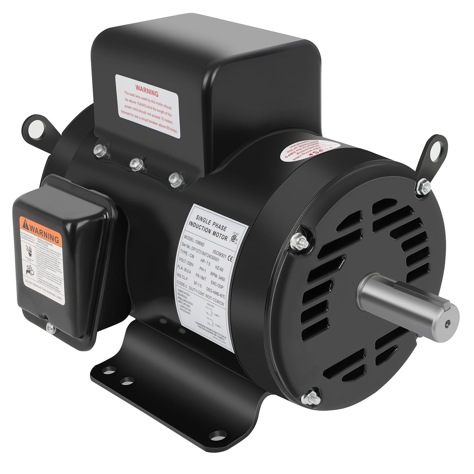 Photo 1 of **MAJOR DAMAGE**
7.5 HP Air Compressor Motor Single Phase 184T Electric Motor 3450RPM 208V-230V 2Pole 1-1/8"Shaft Diameter CW/CCW ODP