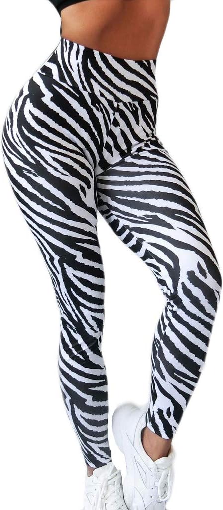 charmsamx Leopard Print High Waist Yoga Leggings Zebra Pattern Tummy Control Workout Running Yoga Pants Seamless 4 Way Stretch Sports Tights Skinny Activewear Trousers