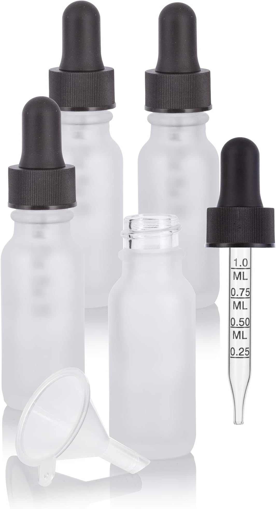 15 ml / 0.50 oz Frosted Clear Glass Boston Round Graduated Measurement Glass Dropper Bottle (4 pack) + Funnel
