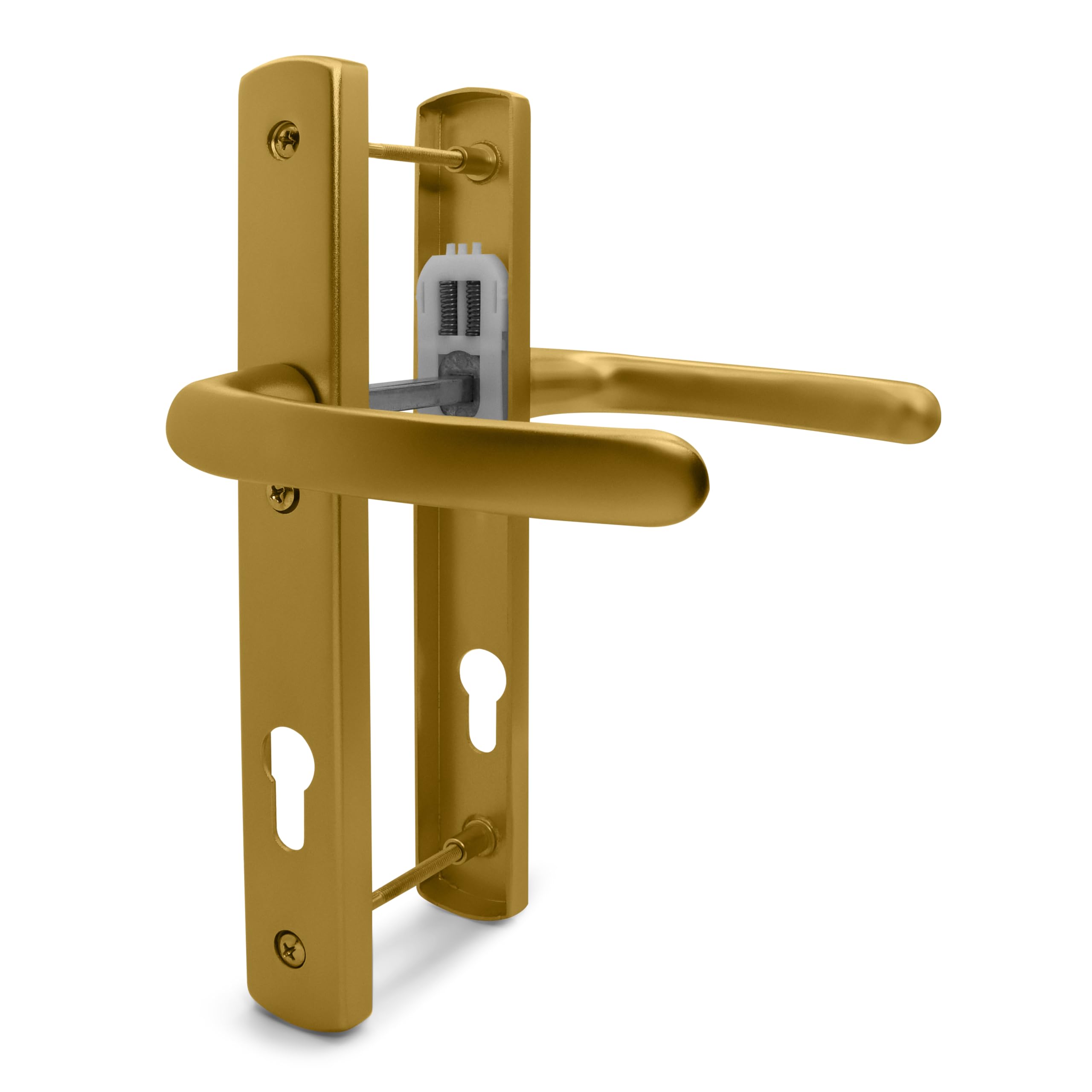 TSS Gold UPVC Door Handle Pair Set, 92mm PZ (Centres), Sprung, Lever Lever, 215mm Top to Bottom Screw (Screw Centres), 3X Fixing Points, Backplate 260mm x 35mm - Replacement PVC Door Handle