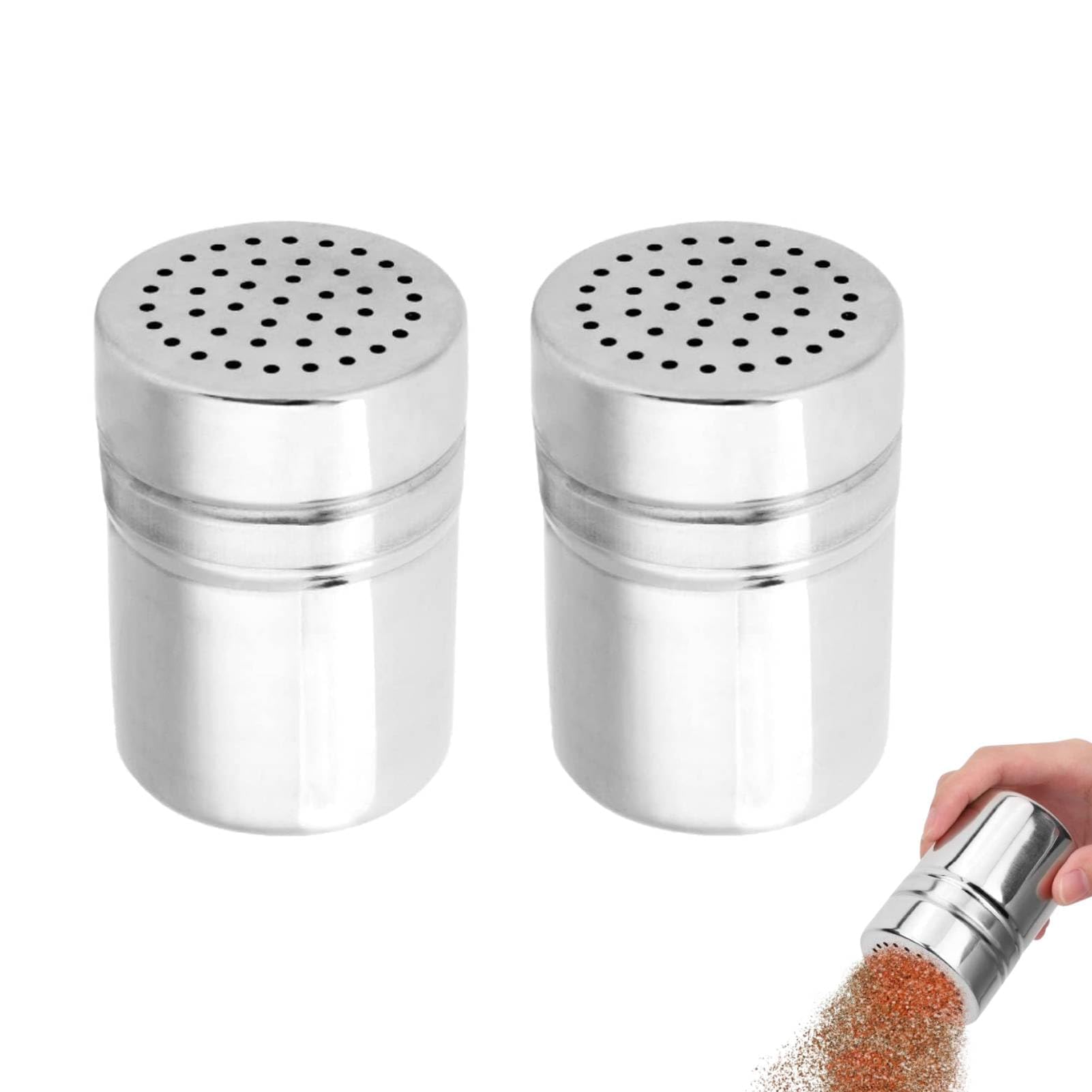 2PCS Seasoning Bottle, 8.7 * 6.8 * 6.8cm Stainless Steel Icing Sugar Shaker Salt and Pepper Shaker Spice Jar Metal Dredge Shaker with Large Holes(L)