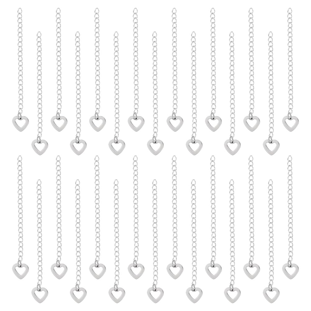 UNICRAFTALE 40Pcs 304 Stainless Steel Curb Chain Extension End Chains with Heart Charms Chain Tabs Necklace Bracelet Extension Chain Anklet Extenders for DIY Jewelry Making Stainless Steel Color 60mm