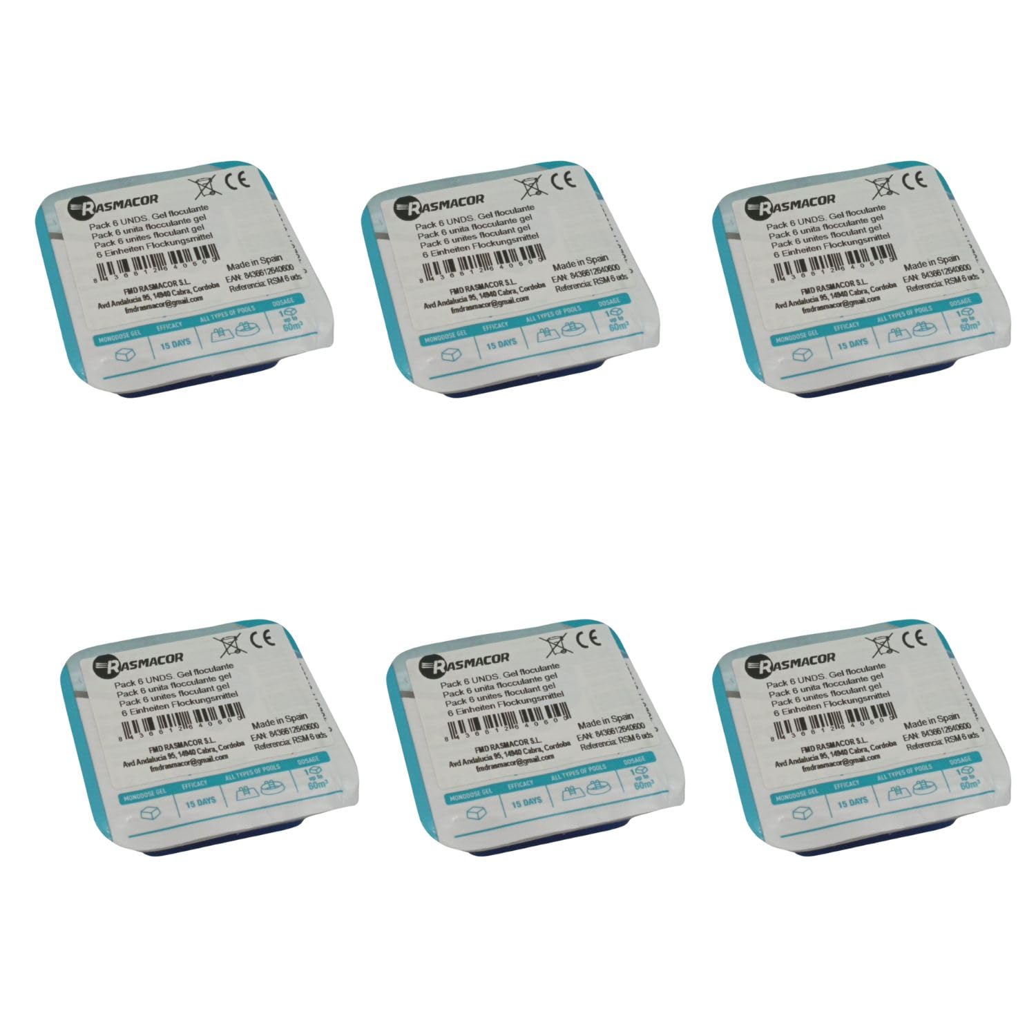 RASMACOR Pack of 6 Units Flocculant Gel Single-Dose | Gel for Swimming Pool | Water Cleaner and Clarifier for Swimming Pools | Total Water Transparency | Distributed