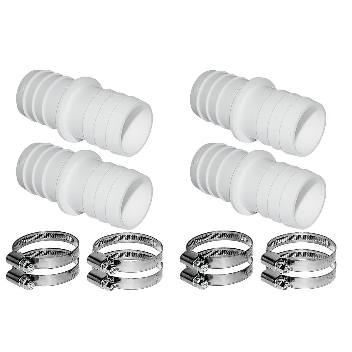 Alnicov Hose Connector Kit - 4 Connectors (32 mm to 38 mm) with 8 Universal Stainless Steel Hose Clamps - Silver Or Grey