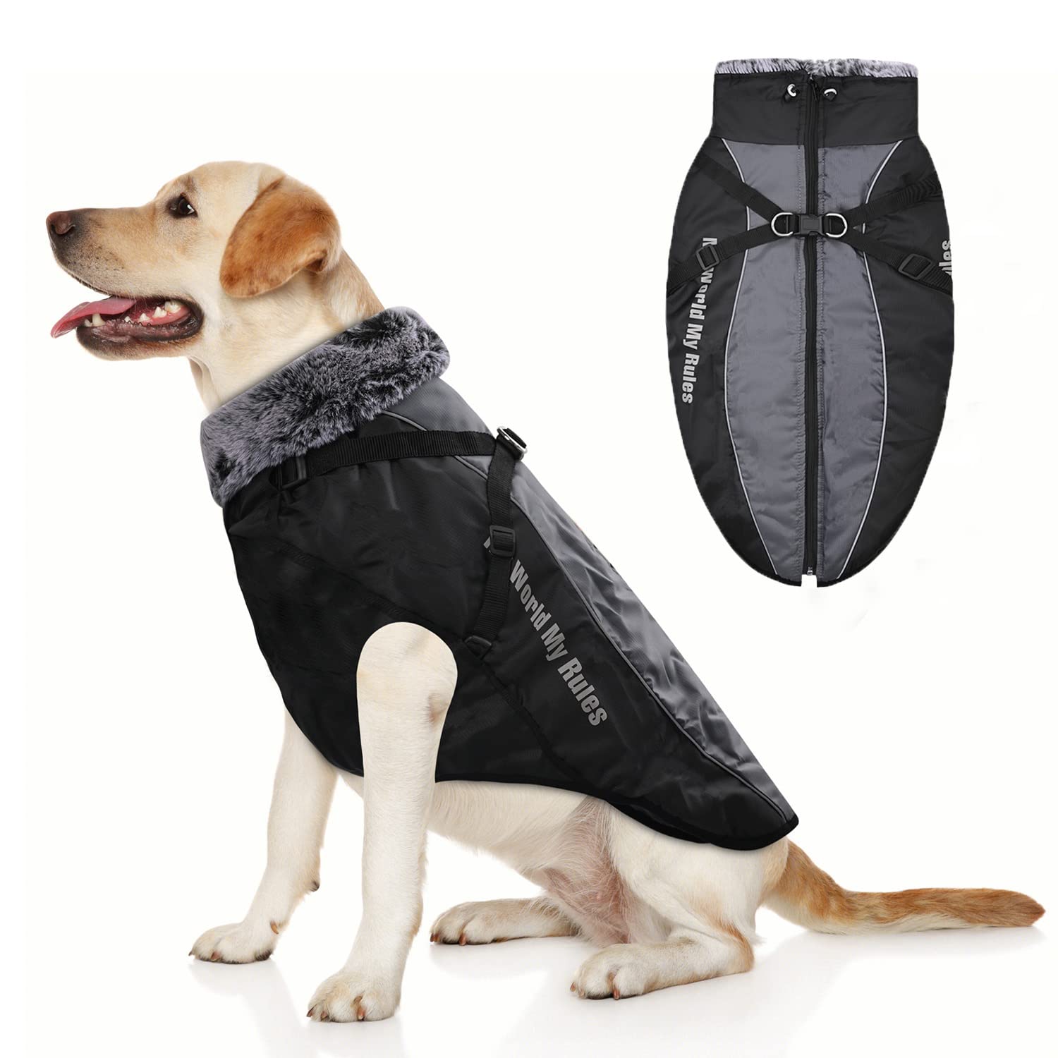 YUDISEN Dog Winter Coat Jacket, Dog Waterproof Warm Vest With Fluffy Turtleneck, Reflective Safety Stripe Clothes Windproof for Medium Large Dogs (Gray, 3XL)