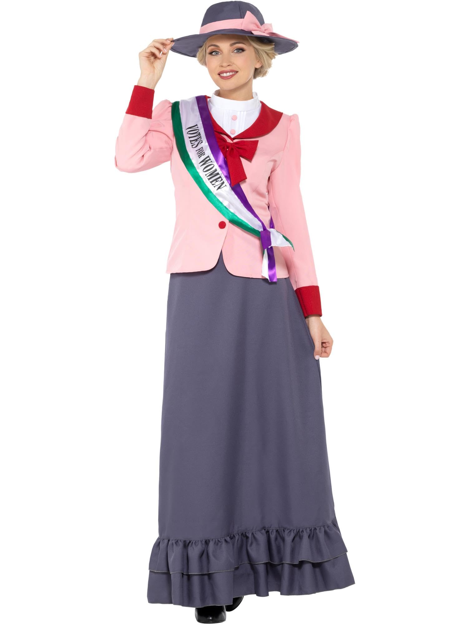 Smiffys Deluxe Victorian Suffragette Costume, Grey & Pink with Dress, Sash & Hat, Historical Fancy Dress, Adult Dress Up Costumes