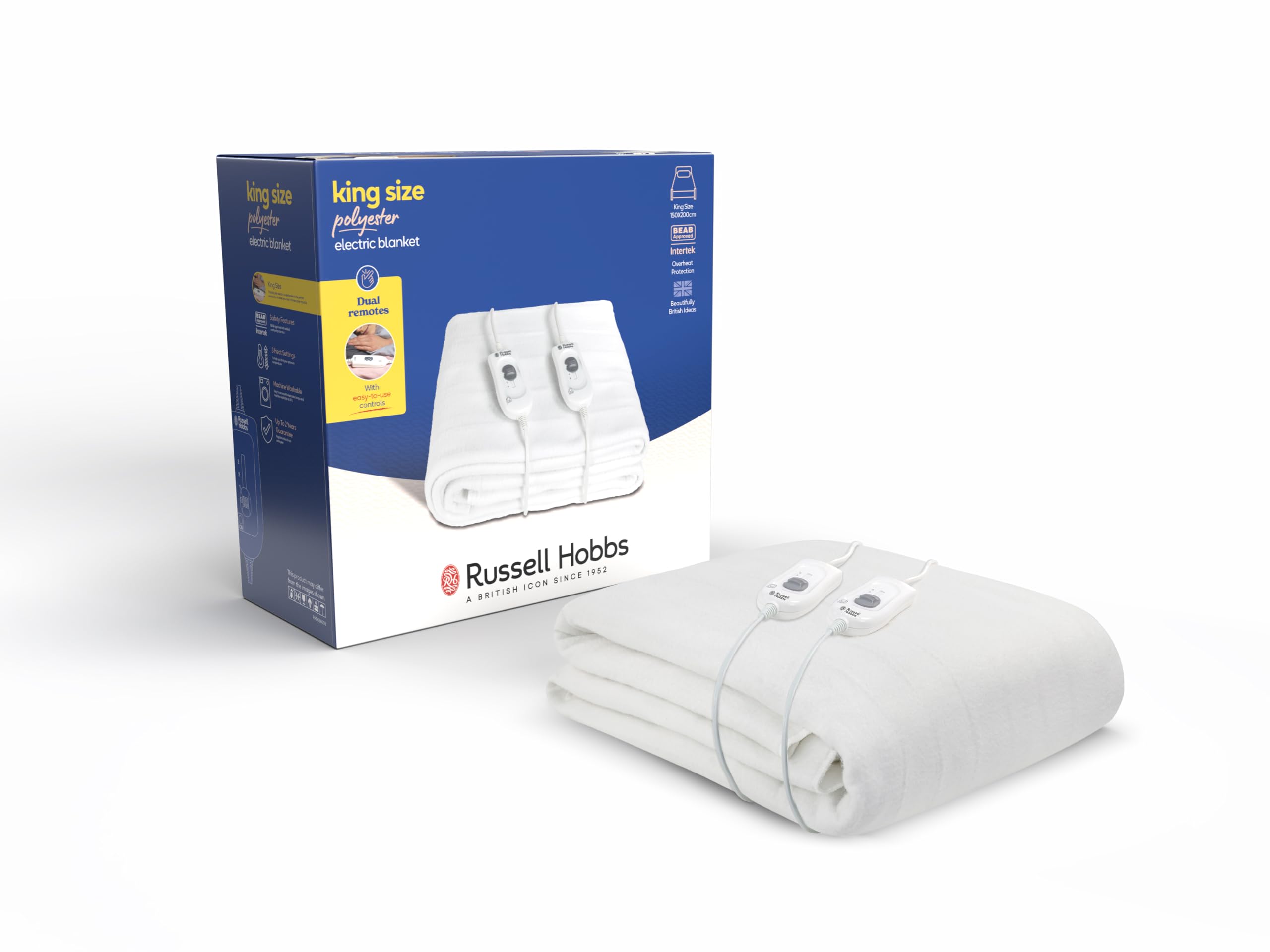 Russell Hobbs Electric Blanket, Heated King Fitted Underblanket, 3 Heat Settings, Low Energy & Energy Efficient, Machine Washable, 2x Remote, 150 X 200 cm, 120W, White, RHEKB6003, 2 Year Guarantee