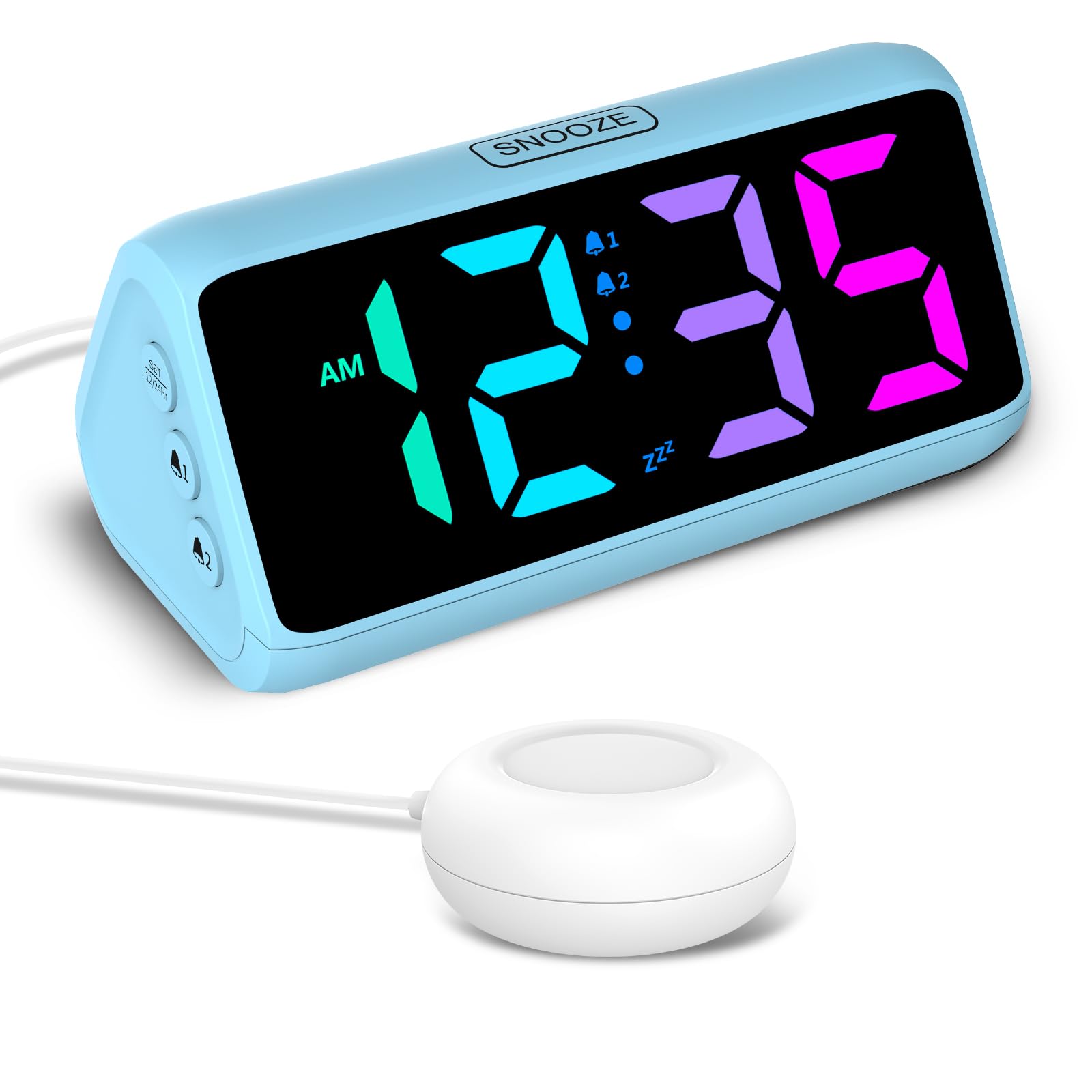 Netzu Loud Alarm Clock for Heavy Sleepers, Plug-in Alarm Clocks with Bed Shaker, 5 Dimmers, 2 Alarms, 4 Volumes and Snooze for Bedrooms Hearing Impaired Deaf Adult (Blue)