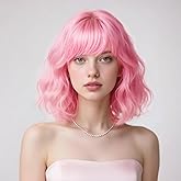 SUKRI Pink Bob Wigs for Women Natural Wavy Wigs with Bangs 12 Inch Short Shoulder Length Synthetic Colored Wig for Cosplay Halloween Daily