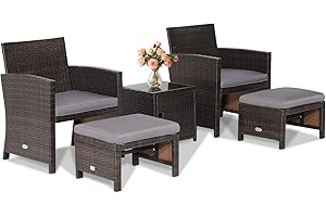 COSTWAY 5PCS Patio Rattan Furniture Set, Cushioned Sofa Chairs with Ottomans and Side Table, Outdoor Wicker Conversation Sets for Deck Backyard Garden Porch, Grey