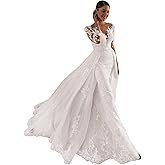 Long Sleeve Lace Beach Tulle Wedding Dress for Bride Mermaid Boho Wedding Dress with Detachable Train