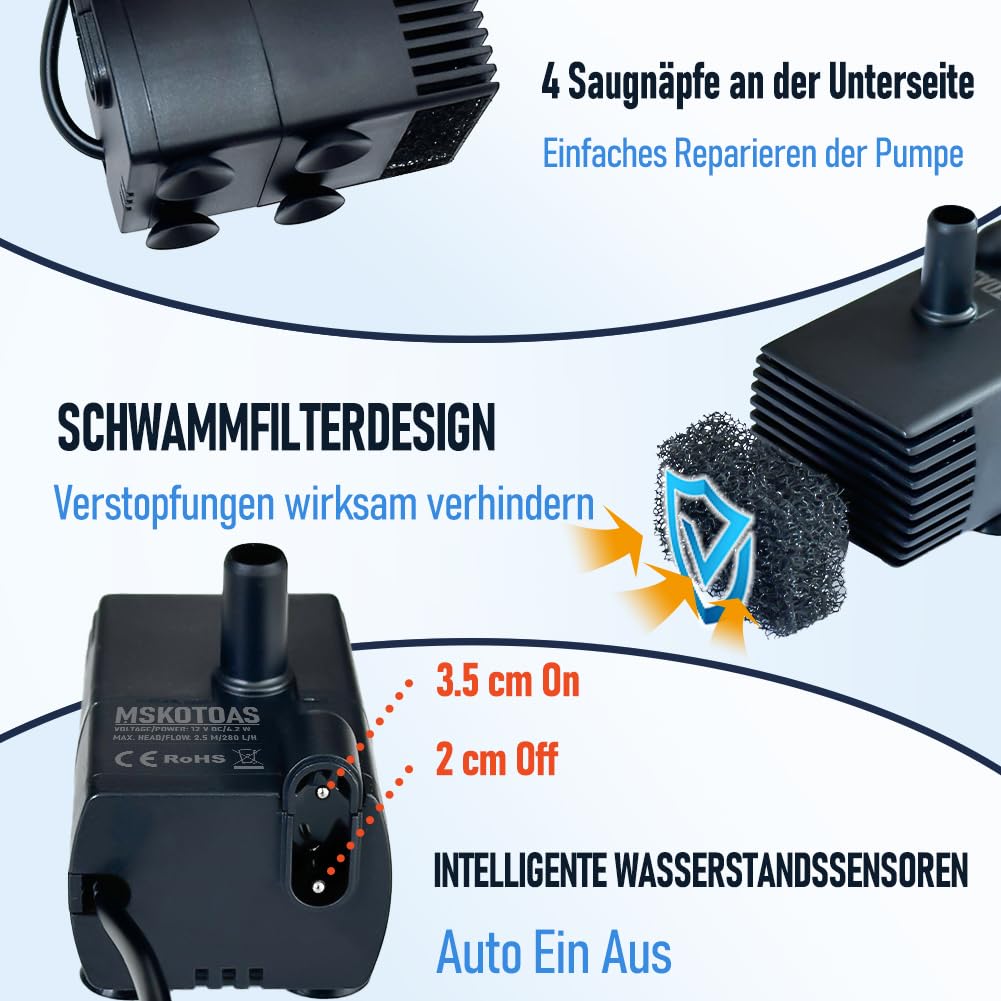Automatische kleine Tauchpumpe mit Wassersensor, 2,5m 280L/h Mini-Kondensatpumpe, Wasserablauf für Entfeuchter, Klimaanlage, Eismaschine, Keller, Bautrockner, automatisches Ein Aus 3