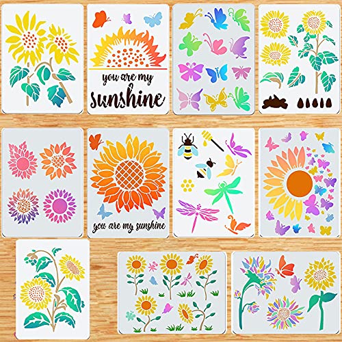 Sunflower Stencil, 11 Pcs A4 Size Reusable Butterfly Sun Flower Stencils for Painting on Wood Canvas Bee Dragonfly Stencil Kit for Drawing on Walls DIY Mylar Template, 8.4 x 11 inch
