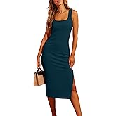 Valiamcep Women's Summer Midi Bodycon Dresses Basic Square Neck Side Slit Ribbed Knit Fitted Casual Sleeveless Tank Dress