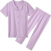 Aablexema Unisex Kids Pajamas Set Cotton Short Sleeve Sleepwear Button-Down and Pant Set for 5-13y