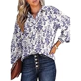 Dokotoo Women's Casual V Neck Allover Floral Print Long Sleeve Chiffon Button Down Blouses Bohemian Top Shirts