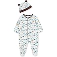Little Me Baby Boy Clothes 2-Piece Baby Sleeper and Cap Set, 100% Cotton Footies Baby Essentials, Preemie to 9 Months