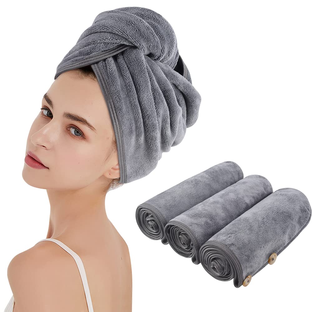 KinHwa Microfibre Hair Towels Wrap Super Absorbent 65x25 Cm Large Dry Hair Turban for Women Wet Long Thick Hair 3 Pack Grey
