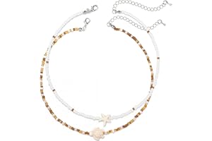 LAMEYBRT Women's Shell Starfish Boho Layered Beaded Necklace, Dainty Adjustable Conch Pearl Choker for Summer Beach Vacation Gifts