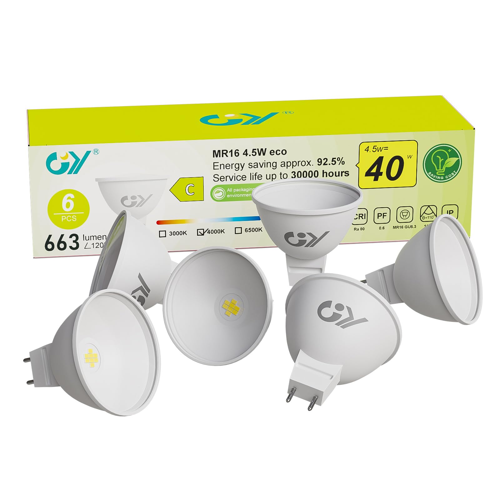 GY MR16 LED Bulbs Neutral White 4000K Light Bulbs, GU5.3 Energy Saving LED Bulbs 4.5W 663 Lumen Replaces 60W Lamp, 120°Beam Angle,Non-Dimmable,6 Pack.