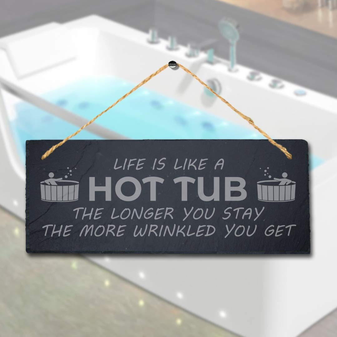 Stukk Life is Like Hot Tub The More You Stay Hanging Pool Sign, Natural Engraved Slate Stone Plaque, 30x12cm